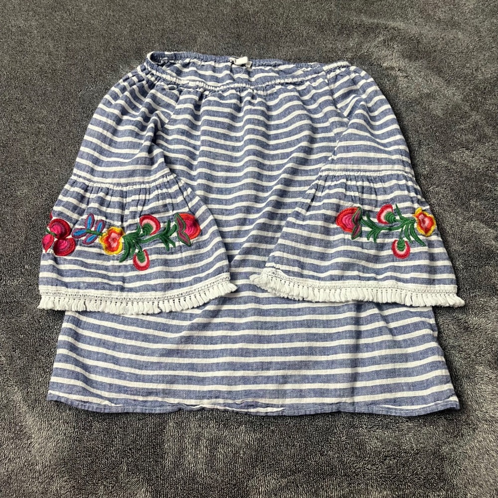 Beachlunchlounge Blue Striped Embroidered Off Shoulder Bell Sleeve Boho Blouse